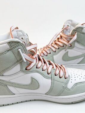 Jordan High-Top Sneakers in Sage Green, White & Copper Laces